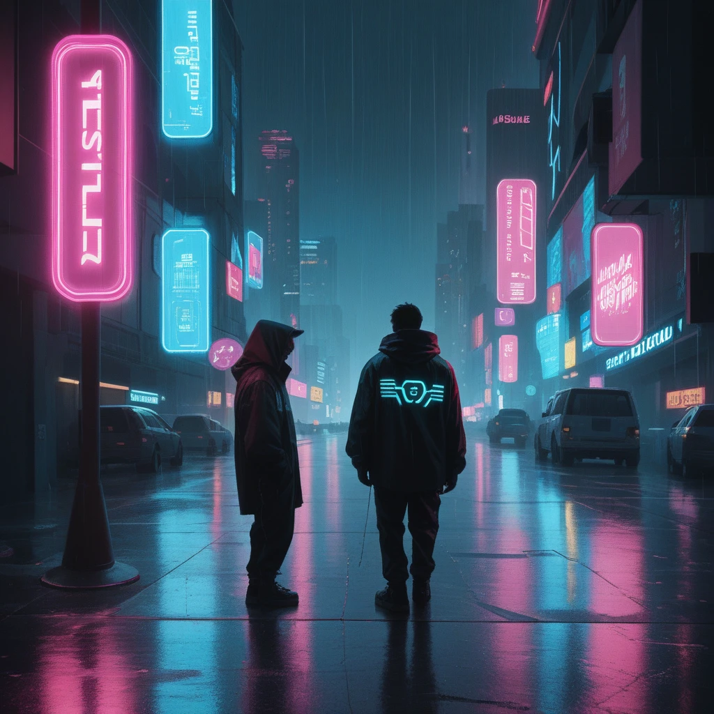 Create an image inspired by the film “Blade Runner 2049” for a music track titled “Be My Joi.” The scene should evoke a futuristic, neon-lit cityscape, capturing the essence of the cyberpunk aesthetic. The central focus should be on Joi, an artificial intelligence character who loves the main protagonist. The image should convey a sense of both romance and melancholy, with a blend of dark and vibrant colors. Neon signs, rain-soaked streets, and holographic displays would enhance the atmosphere. The overall style should be moody and ethereal, reflecting the complex emotions of artificial love in a dystopian future.