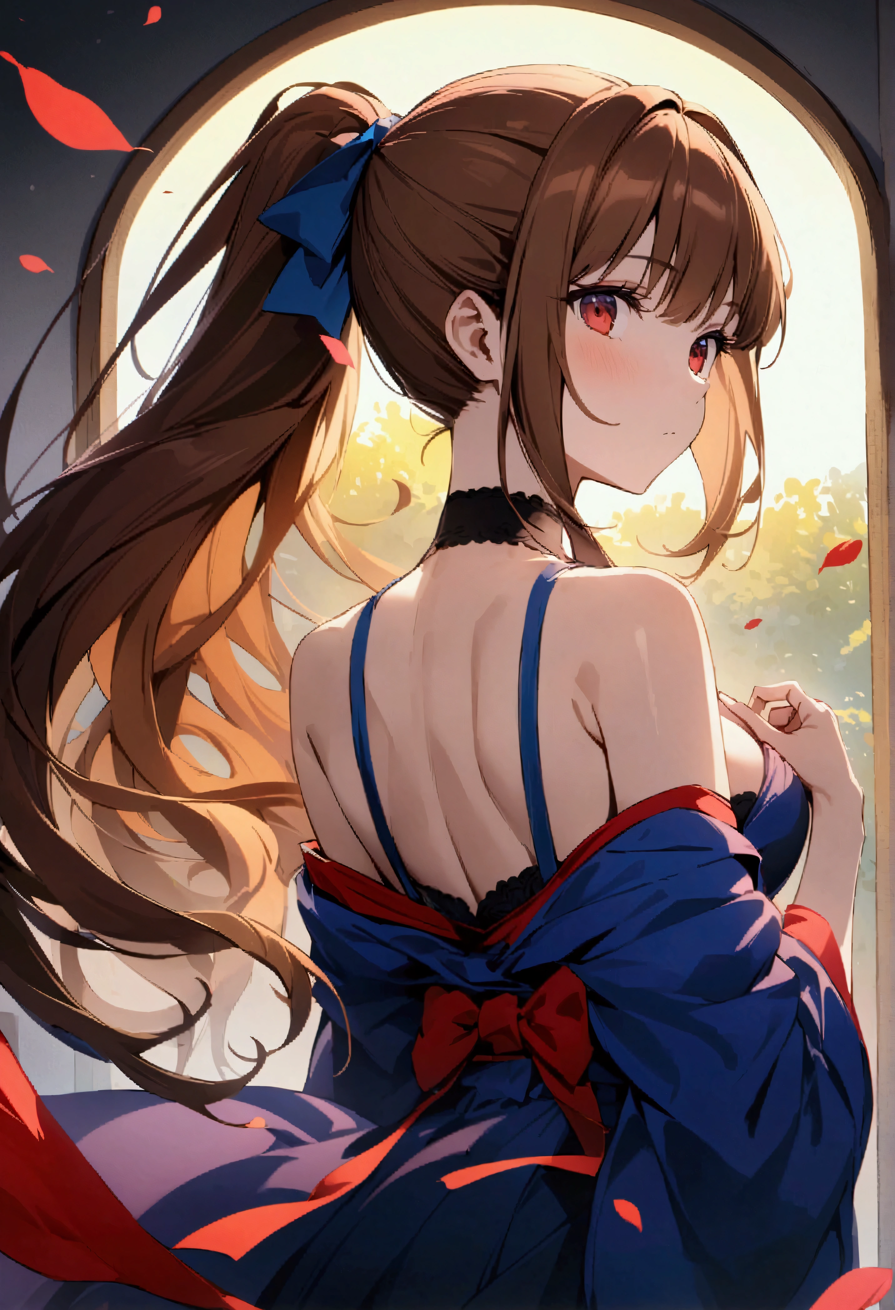 score_9、score_8_up、score_7_up、score_6_up、score_5_up、source_アニメ、night、1 person、solo、Long Hair、chest、See who's watching、大きなchest、Brown Hair、Red eyes、ribbon、chestの谷間、Brown eyeouth closed、髪のribbon、Upper Body、ponytail、kimono、nose、Mai Shiranui、(whole body:1.3)、Curvaceous、From the back、Very detailed、Ultra-high resolution、32k uhd、Sharp Focus、Highest quality、masterpiece、Official Art、colorful、Splashes of color、Cinematic Perspective、Ad Style、Magazine Cover、Very aesthetic、Perfect composition、Intricate details、A tense shot、(Visual impact、Give your poster a dynamic and visually striking look:1.2)、High-impact photos、