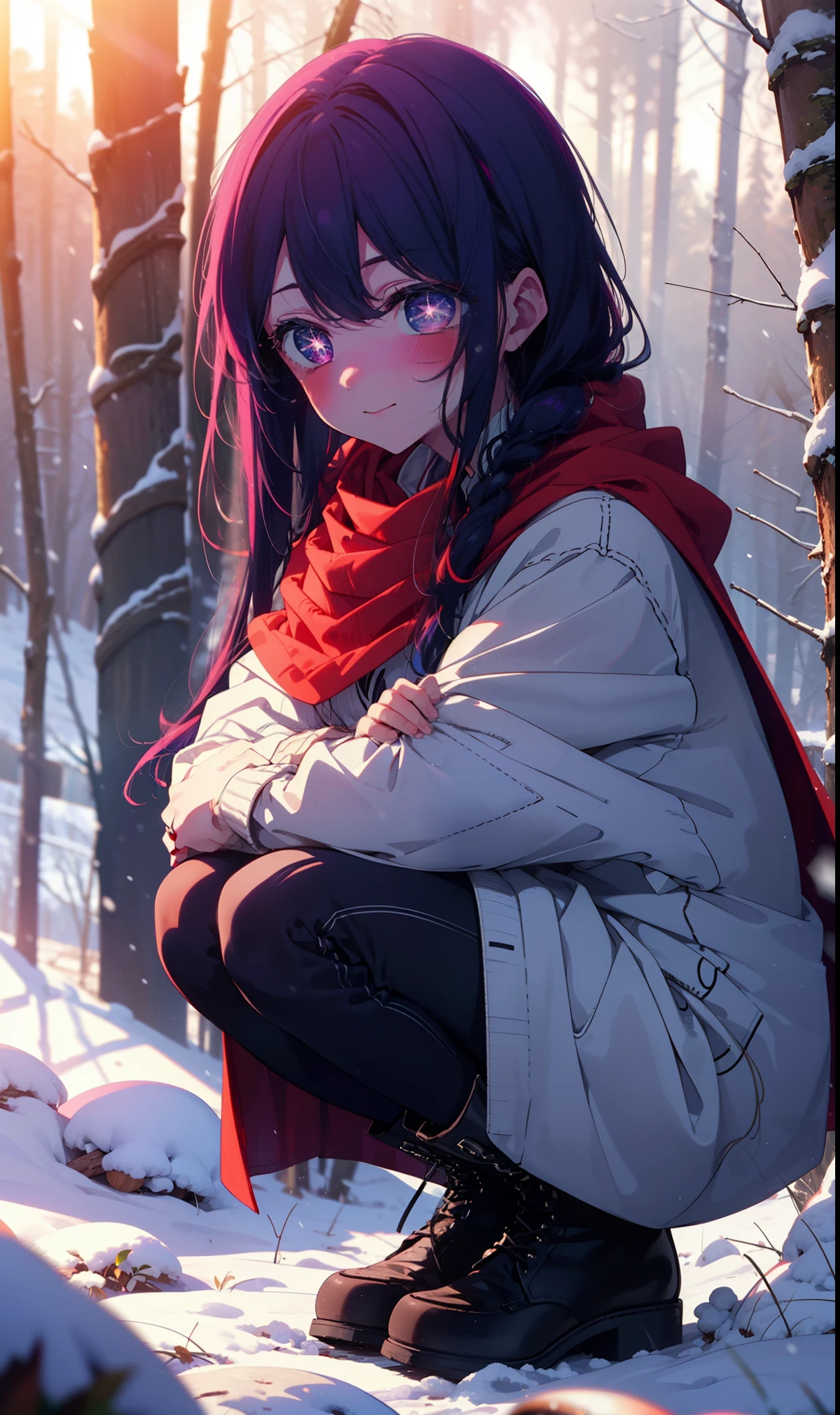 aihoshino, Ai Hoshino, Long Hair, bangs, (Purple eyes:1.1), Purple Hair, (Symbol-shaped pupil:1.5), smile,,smile,blush,white breath,
Open your mouth,snow,Ground bonfire, Outdoor, boots, snowing, From the side, wood, suitcase, Cape, Blurred, , forest, White handbag, nature, Squat, Mouth closed, Cape, winter, Written boundary depth, Black shoes, red Cape break looking at viewer, Upper Body, whole body, break Outdoor, forest, nature, break (masterpiece:1.2), Highest quality, High resolution, unity 8k wallpaper, (shape:0.8), (Beautiful and beautiful eyes:1.6), Highly detailed face, Perfect lighting, Highly detailed CG, (Perfect hands, Perfect Anatomy),