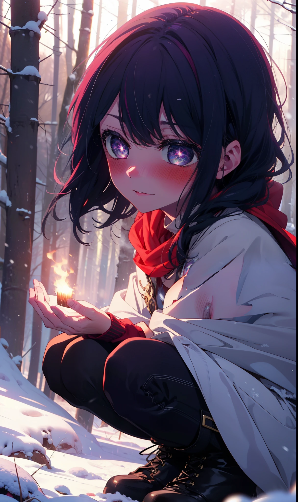 aihoshino, Ai Hoshino, Long Hair, bangs, (Purple eyes:1.1), Purple Hair, (Symbol-shaped pupil:1.5), smile,,smile,blush,white breath,
Open your mouth,snow,Ground bonfire, Outdoor, boots, snowing, From the side, wood, suitcase, Cape, Blurred, , forest, White handbag, nature, Squat, Mouth closed, Cape, winter, Written boundary depth, Black shoes, red Cape break looking at viewer, Upper Body, whole body, break Outdoor, forest, nature, break (masterpiece:1.2), Highest quality, High resolution, unity 8k wallpaper, (shape:0.8), (Beautiful and beautiful eyes:1.6), Highly detailed face, Perfect lighting, Highly detailed CG, (Perfect hands, Perfect Anatomy),