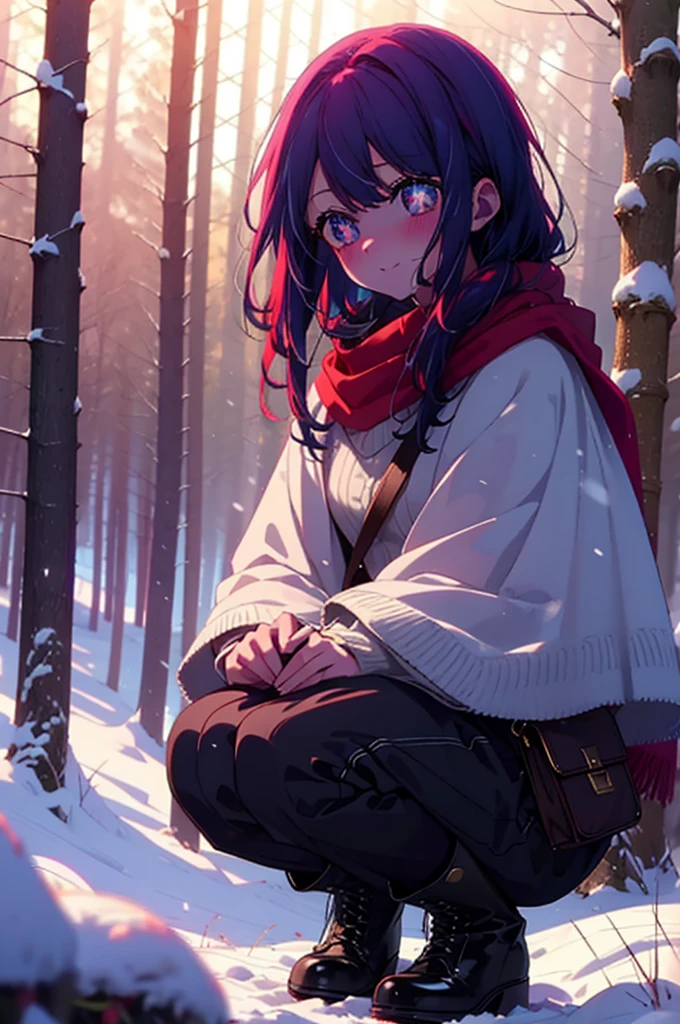 aihoshino, Ai Hoshino, Long Hair, bangs, (Purple eyes:1.1), Purple Hair, (Symbol-shaped pupil:1.5), smile,,smile,blush,white breath,
Open your mouth,snow,Ground bonfire, Outdoor, boots, snowing, From the side, wood, suitcase, Cape, Blurred, , forest, White handbag, nature,  Squat, Mouth closed, Cape, winter, Written boundary depth, Black shoes, red Cape break looking at viewer, Upper Body, whole body, break Outdoor, forest, nature, break (masterpiece:1.2), Highest quality, High resolution, unity 8k wallpaper, (shape:0.8), (Beautiful and beautiful eyes:1.6), Highly detailed face, Perfect lighting, Highly detailed CG, (Perfect hands, Perfect Anatomy),