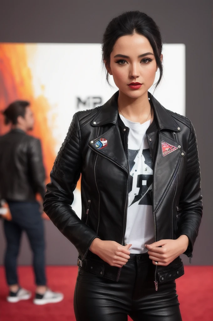 photo of (jam33la:0.99), a woman as a movie star, modelshoot style, (extremely detailed CG unity 8k wallpaper), photo of the most beautiful artwork in the world, professional majestic oil painting by Ed Blinkey, Atey Ghailan, Studio Ghibli, by Jeremy Mann, Greg Manchess, Antonio Moro, trending on ArtStation, trending on CGSociety, Intricate, High Detail, Sharp focus, dramatic, photorealistic painting art by midjourney and greg rutkowski, (long black leather jacket), (t-shirt with logo), ((comicon event)), (leather trousers), ((standing on the red carpet)), ((paparazzi in the background)), (looking at viewer), (detailed pupils:1.3), (modern outfit:1.2), (closeup), red lips, (eye shadow)