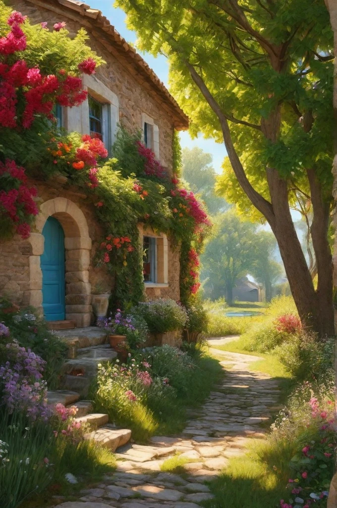 an idyllically tranquil rural scene, the vibrant colors of a sunny day, hyper realistic, volumetric light, an impressive masterpiece, fine details, (masterpiece:1.2), best quality