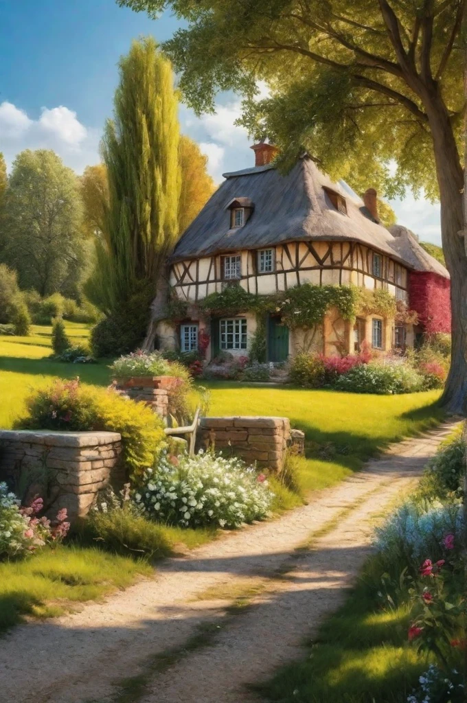 an idyllically tranquil rural scene, the vibrant colors of a sunny day, hyper realistic, volumetric light, an impressive masterpiece, fine details, (masterpiece:1.2), best quality
