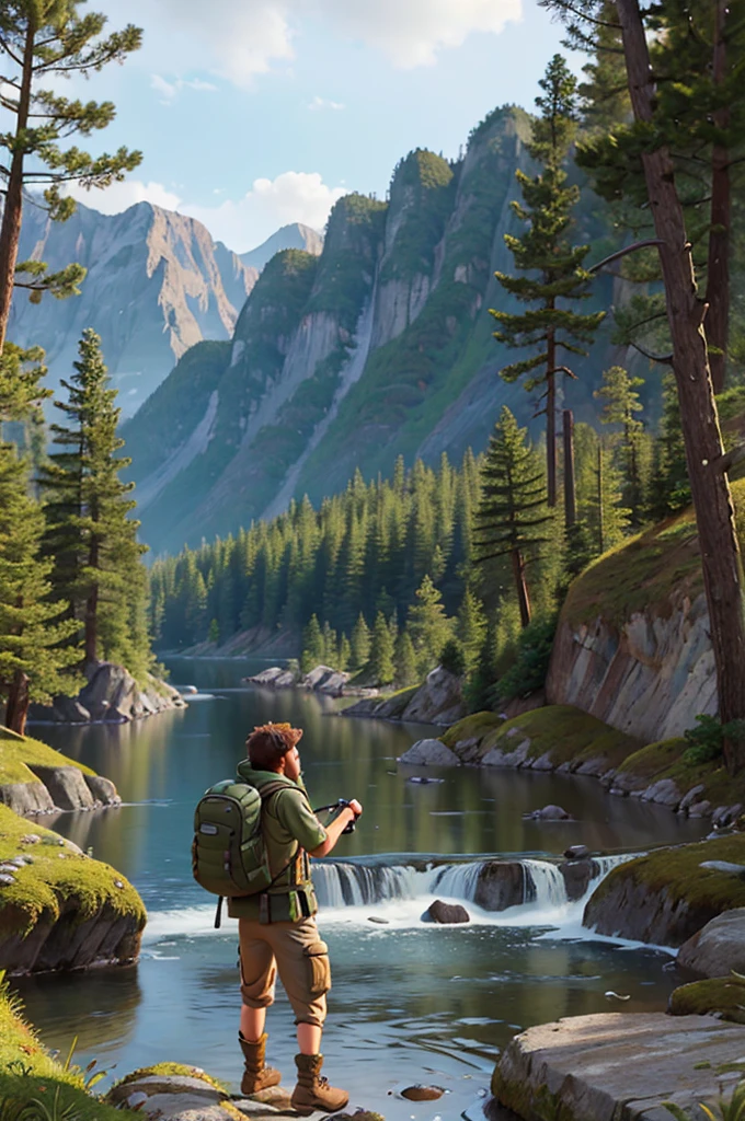 a backpacker traveling through nature, adventurer, explorer, wanderlust, rugged outdoor clothing, hiking boots, backpack, survival gear, outdoor landscape, mountains, forests, rivers, dramatic clouds, warm lighting, cinematic, highly detailed, photorealistic, 8k, masterpiece