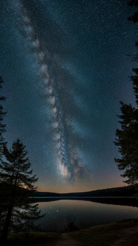 A spectacular view of the starry sky, a lake in the forest, the upper half of the screen is the starry sky