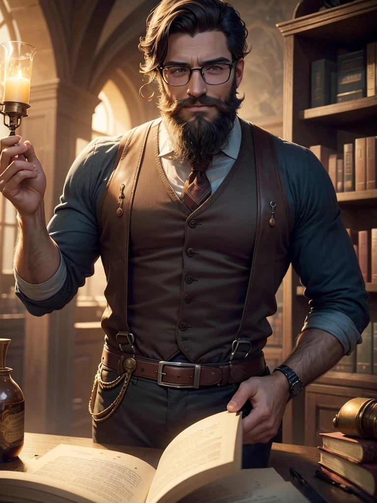 ((High quality)), ((work of art)), 8K, a charismatic librarian man with circular glasses and suspenders, sporting a well-groomed beard (barba), dark hair, and a warm smile, is the main focus of the image. In the background, an intriguing library alchemy scene is subtly hinted at, adding depth and mystery to the piece. The hyperrealistic style is enhanced by a cinematic plan and dynamic composition, making every detail incredibly sharp and defined. The perfectionism and award-winning realism are evident in the ambient lighting that softly illuminates the scene, providing a sense of depth and three-dimensionality.