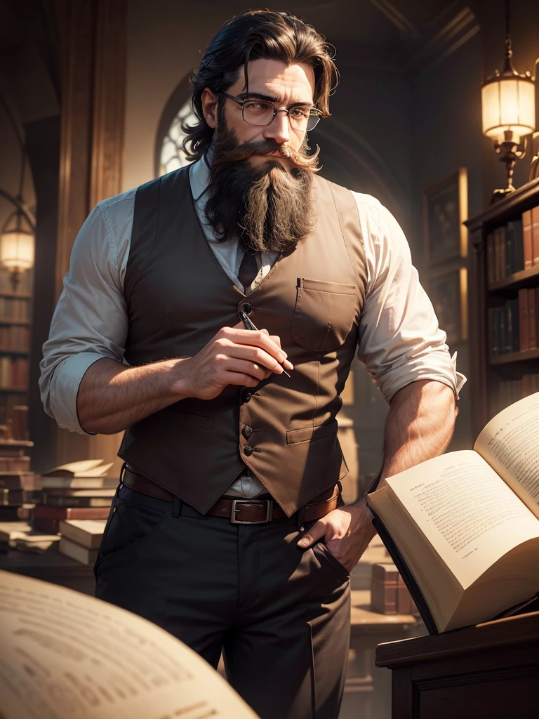 ((High quality)), ((work of art)), 8K, a charismatic librarian man with circular glasses and suspenders, sporting a well-groomed beard (barba), dark hair, and a warm smile, is the main focus of the image. In the background, an intriguing library alchemy scene is subtly hinted at, adding depth and mystery to the piece. The hyperrealistic style is enhanced by a cinematic plan and dynamic composition, making every detail incredibly sharp and defined. The perfectionism and award-winning realism are evident in the ambient lighting that softly illuminates the scene, providing a sense of depth and three-dimensionality.