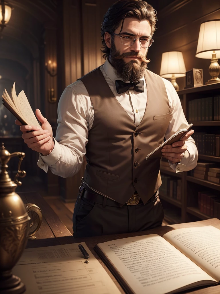 ((High quality)), ((work of art)), 8K, a charismatic librarian man with circular glasses and suspenders, sporting a well-groomed beard (barba), dark hair, and a warm smile, is the main focus of the image. In the background, an intriguing library alchemy scene is subtly hinted at, adding depth and mystery to the piece. The hyperrealistic style is enhanced by a cinematic plan and dynamic composition, making every detail incredibly sharp and defined. The perfectionism and award-winning realism are evident in the ambient lighting that softly illuminates the scene, providing a sense of depth and three-dimensionality.