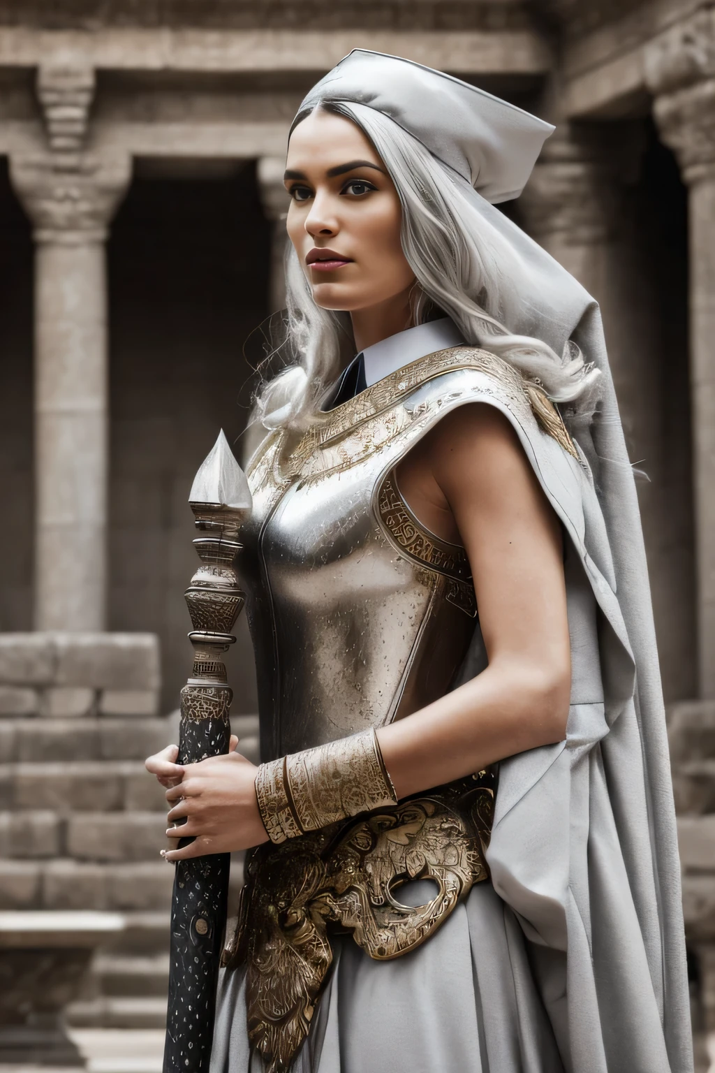 por Steven Meisel, Hyper detailed art, Iraqi valedictorian, the class speaker is passionate, Your hair is platinum;, snowy, orphism, incolor, natural skin texture, Kizi, close up, elegante celestial armored goddess holding a large cone-shaped spear and large shield, guards the ancient temple courtyard, 4K
