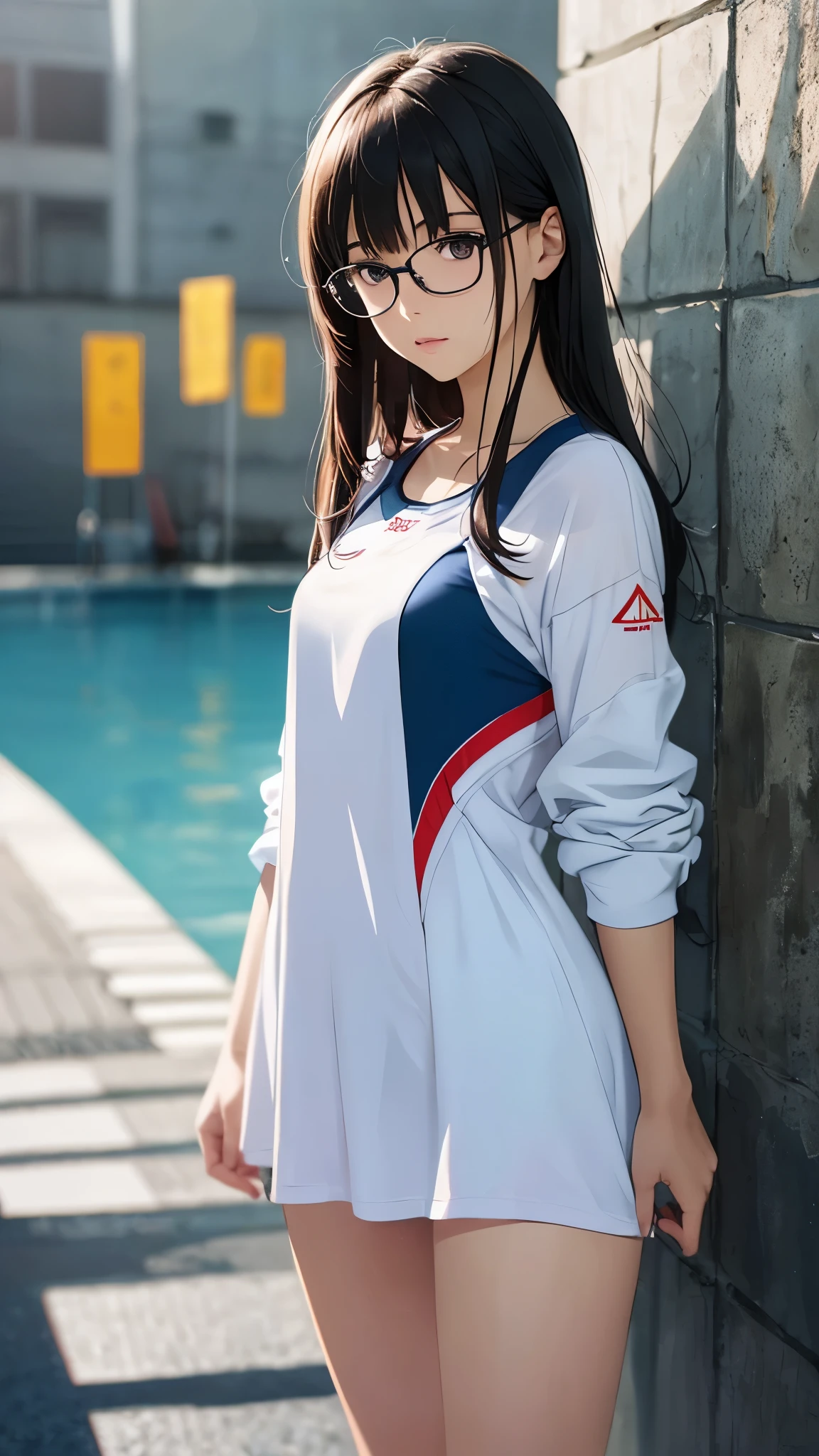(highest quality,4K,8K,High resolution,table top:1.2), super detailed, (realistic,photorealistic,photo-realistic:1.37),((full body)), Unfortunate,Glasses,((black hair)), ((long hair)),((swimming wear)),beautiful and fine eyes, beautiful detailed lips, highly detailed eyes and face, long eyelashes, realistic anime 3D style, Smooth anime CG art, Digital rendering by Makoto Shinkai, Moe anime art style, photorealistic rendering of an anime girl, Shinkai Makoto style, Cute anime girl visuals, realistic young anime girl, girl fan art, Created by Anime Artist&#39;studio of.