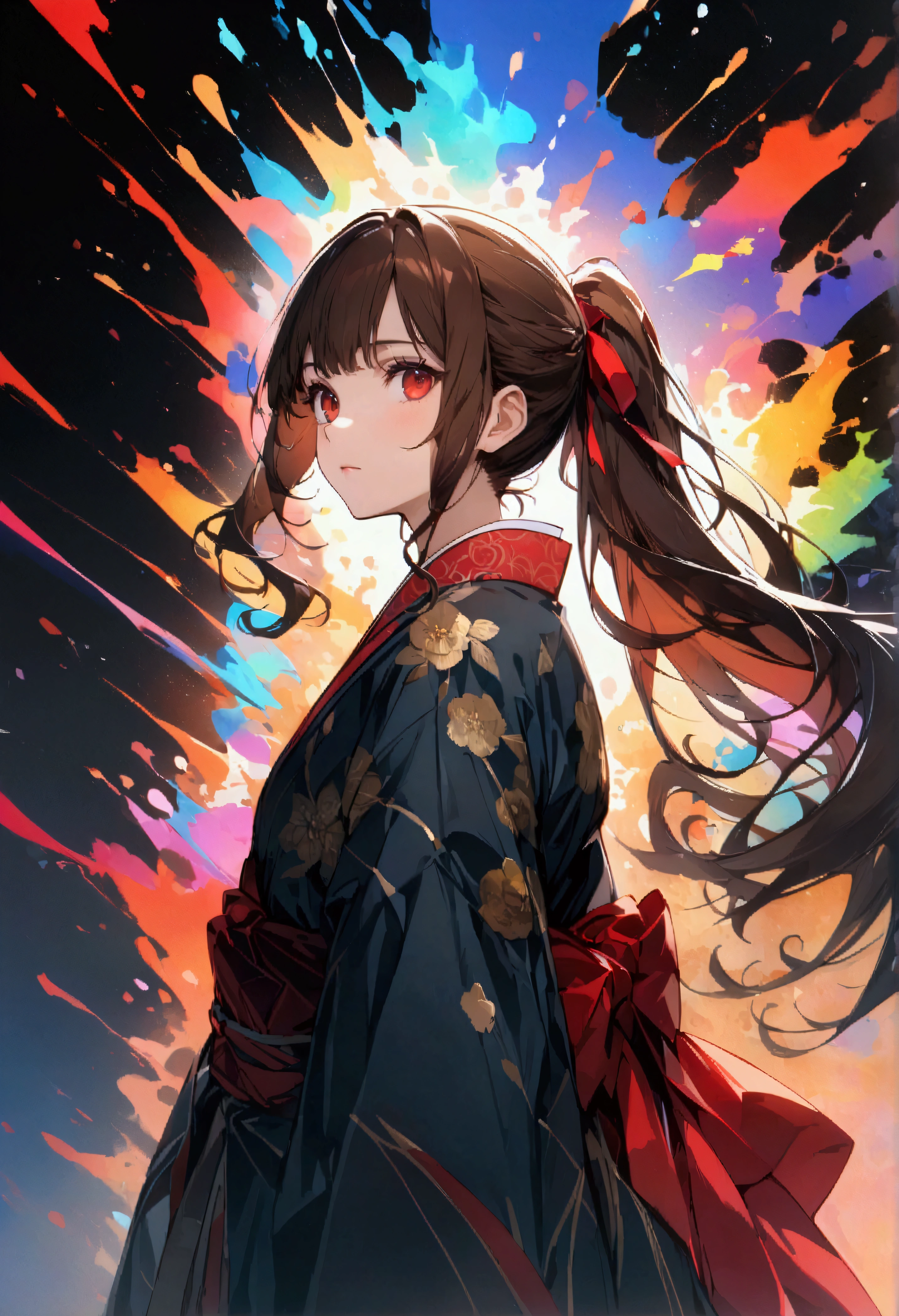 night、1 person、solo、Long Hair、chest、See who&#39;s watching、大きなchest、Brown Hair、Red eyes、ribbon、chestの谷間、Brown eyeouth closed、髪のribbon、Upper Body、ponytail、kimono、nose、Mai Shiranui、(whole body:1.3)、Curvaceous、From the back、Very detailed、Ultra-high resolution、32k uhd、Sharp Focus、Highest quality、masterpiece、Official Art、colorful、Splashes of color、Cinematic Perspective、Ad Style、Magazine Cover、Very aesthetic、Perfect composition、Intricate details、A tense shot、(Visual impact、Give your poster a dynamic and visually striking look:1.2)、High-impact photos、