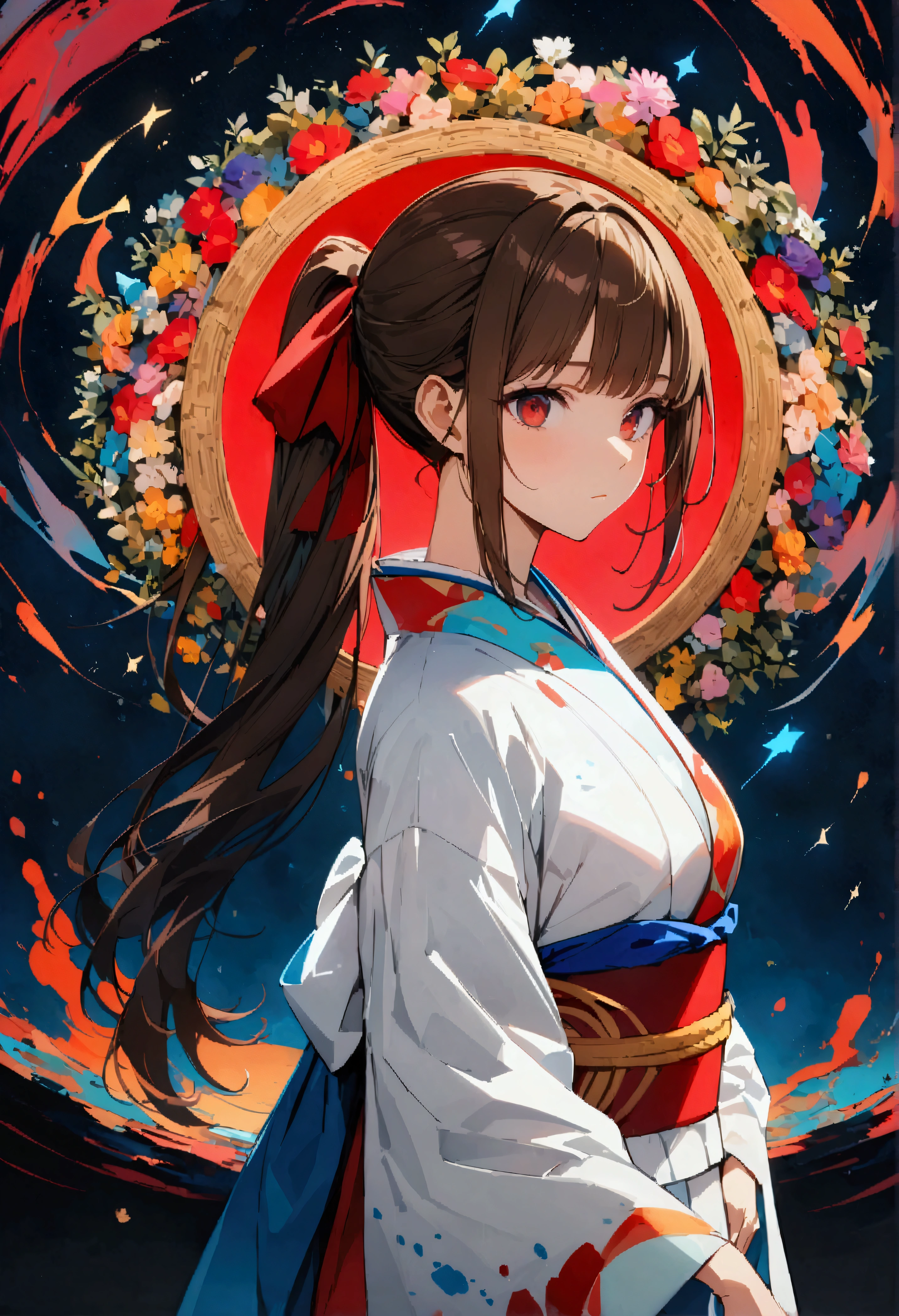night、1 person、solo、Long Hair、chest、See who's watching、大きなchest、Brown Hair、Red eyes、ribbon、chestの谷間、Brown eyeouth closed、髪のribbon、Upper Body、ponytail、kimono、nose、Mai Shiranui、(whole body:1.3)、Curvaceous、From the back、Very detailed、Ultra-high resolution、32k uhd、Sharp Focus、Highest quality、masterpiece、Official Art、colorful、Splashes of color、Cinematic Perspective、Ad Style、Magazine Cover、Very aesthetic、Perfect composition、Intricate details、A tense shot、(Visual impact、Give your poster a dynamic and visually striking look:1.2)、High-impact photos、