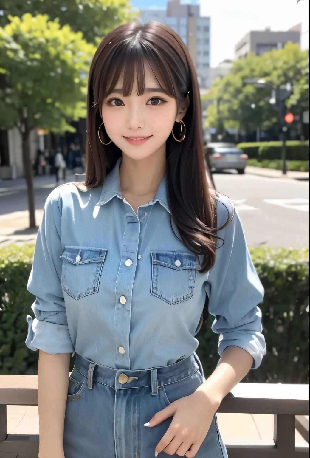 masterpiece、Highest quality、whole body、One Girl、bangs、Japanese、黒髪のLong Hair、Long Hair、Gazing at the audience、yellow、denim、smile、alone、sofa、Stylish woman、Pastel colored outfits、stop temporarily、front、terrace、Luxury background elements、Confident expression、Modern and trendy、Fashion focused