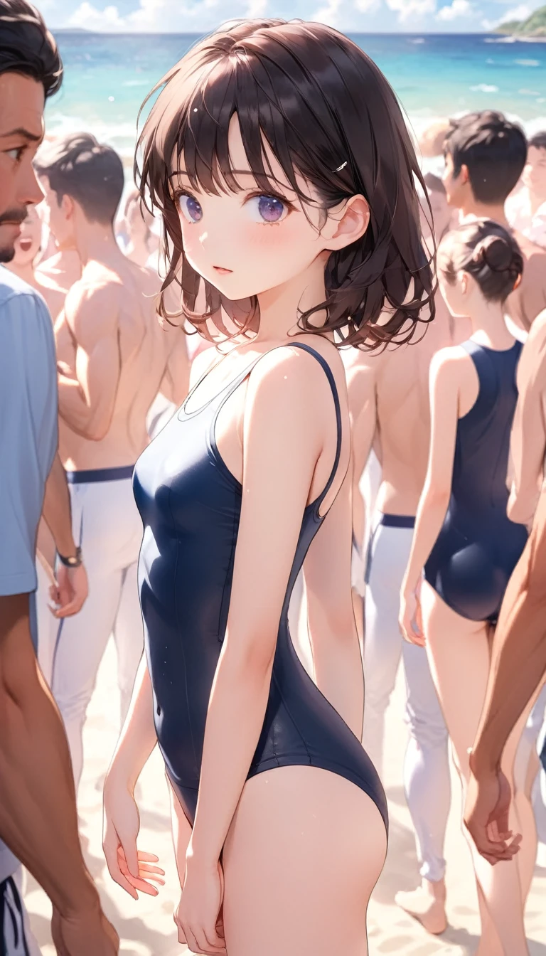 高いquality illustration, masterpiece, Very delicate and beautiful, Attractive girl,(School Swimsuit、紺色School Swimsuit、旧型School Swimsuit), Audience reaction,thin,Slender body,slim,Beach、beach、Ocean、Crowd in swimsuits、Surrounded by men in swimsuits,Beautiful Eyes,(masterpiece, Highest quality:1.2), High res, Very detailed CG ユニティ 8k 壁紙, Perfect lighting, colorful, Ultra-high res,4K,Very detailed, photograph, 8k, High resolution,Cowboy Shot,Very young、blush、Run、Black Hair、panic