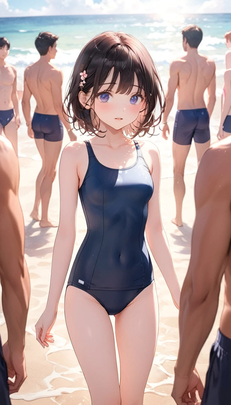 高いquality illustration, masterpiece, Very delicate and beautiful, Attractive girl,(School Swimsuit、紺色School Swimsuit、旧型School Swimsuit), Audience reaction,thin,Slender body,slim,Beach、beach、Ocean、Crowd in swimsuits、Surrounded by men in swimsuits,Beautiful Eyes,(masterpiece, Highest quality:1.2), High res, Very detailed CG ユニティ 8k 壁紙, Perfect lighting, colorful, Ultra-high res,4K,Very detailed, photograph, 8k, High resolution,Cowboy Shot,Very young、blush、Run、Black Hair、panic