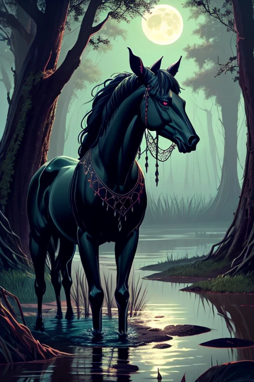 An eerie and sinister painting by Stefan Koidi of a stinky boggy swamp at midnight. A chorus of croaking bullfrogs and chirping insects travel loudly through the thick, hot and humid air as a full moon hangs low bathing the portentous scene in an ominous and haunting glow. Standing next to the waters edge is a large, malevolent black Kelpie horse; a trecheous water spirit creature from Scottish Celtic folklore. With its body faced forward, toward the water-it's head is turned slightly to its left, facing the viewer and glarring with an intense, piercing gaze from its vivid, glowing red eyes that instill feelings of unsurmountable terror and dread to all who meet the beasts' gaze. The horse Kelpie's flesh is rife with spots of sickening necrosis- large chunks of rotton flesh falling off and revealing leg bones, the ribcage, and a partially skeletal jawline. Twisted vines snake their way up crooked gnarled trees adorned with spanish moss and luminescent fungi clings to trunks of saturated trees, casting a baleful, sickly green glow upon the otherworldly place emphasizing the detailed horror elements, enhancing the haunting ambiance, creating a chilling scene.