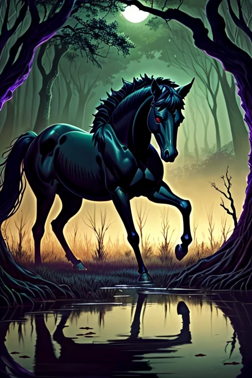 An eerie and sinister painting by Stefan Koidi of a stinky boggy swamp at midnight. A chorus of croaking bullfrogs and chirping insects travel loudly through the thick, hot and humid air as a full moon hangs low bathing the portentous scene in an ominous and haunting glow. Standing next to the waters edge is a large, malevolent black Kelpie horse; a trecheous water spirit creature from Scottish Celtic folklore. With its body faced forward, toward the water-it's head is turned slightly to its left, facing the viewer and glarring with an intense, piercing gaze from its vivid, glowing red eyes that instill feelings of unsurmountable terror and dread to all who meet the beasts' gaze. The horse Kelpie's flesh is rife with spots of sickening necrosis- large chunks of rotton flesh falling off and revealing leg bones, the ribcage, and a partially skeletal jawline. Twisted vines snake their way up crooked gnarled trees adorned with spanish moss and luminescent fungi clings to trunks of saturated trees, casting a baleful, sickly green glow upon the otherworldly place emphasizing the detailed horror elements, enhancing the haunting ambiance, creating a chilling scene.