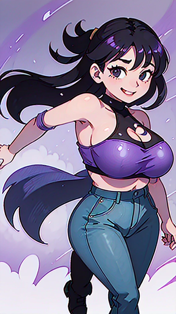 1990s, (masterpiece), high-definition, front view, detailed face, cute girl, perfect body, (big tits: 1.4) big hips, round ass, (black hair with dark purple highlights: 1.4), casual clothes, (happy face: 1.4), city street background, driving a Toyota sprinter trueno ae86