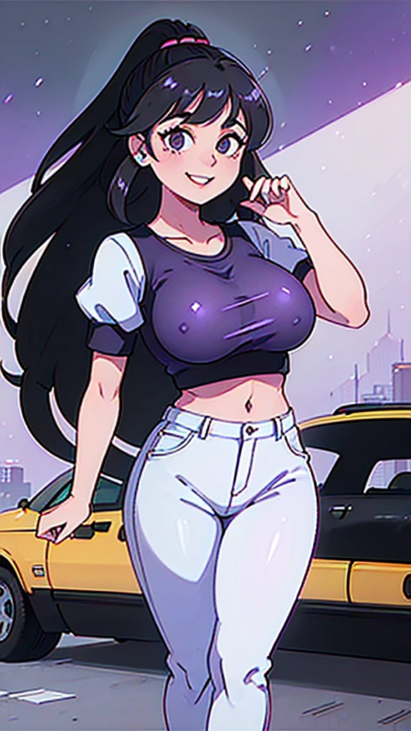 1990s, (masterpiece), high-definition, front view, detailed face, cute girl, perfect body, (big tits: 1.4) big hips, round ass, (black hair with dark purple highlights: 1.4), casual clothes, (happy face: 1.4), city street background, driving a Toyota sprinter trueno ae86