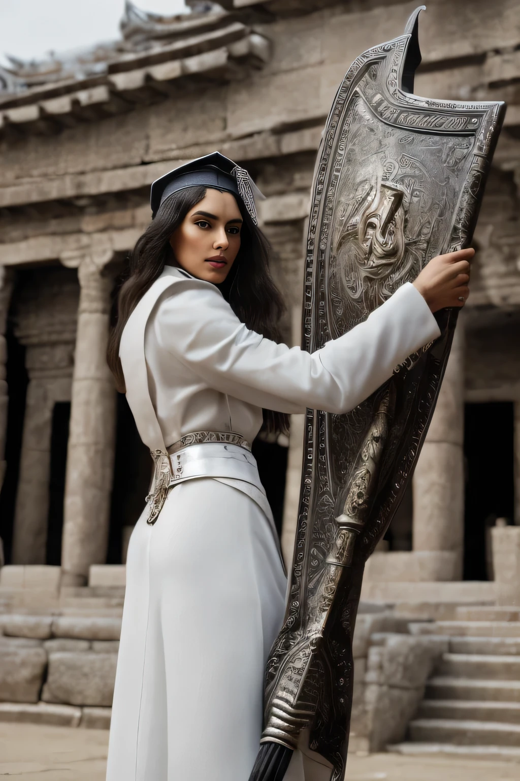 por Steven Meisel, Hyper detailed art, Iraqi valedictorian, the class speaker is passionate, Your hair is platinum;, snowy, orphism, incolor, natural skin texture, Kizi, close up, elegante celestial armored goddess holding a large cone-shaped spear and large shield, guards the ancient temple courtyard, 4K
