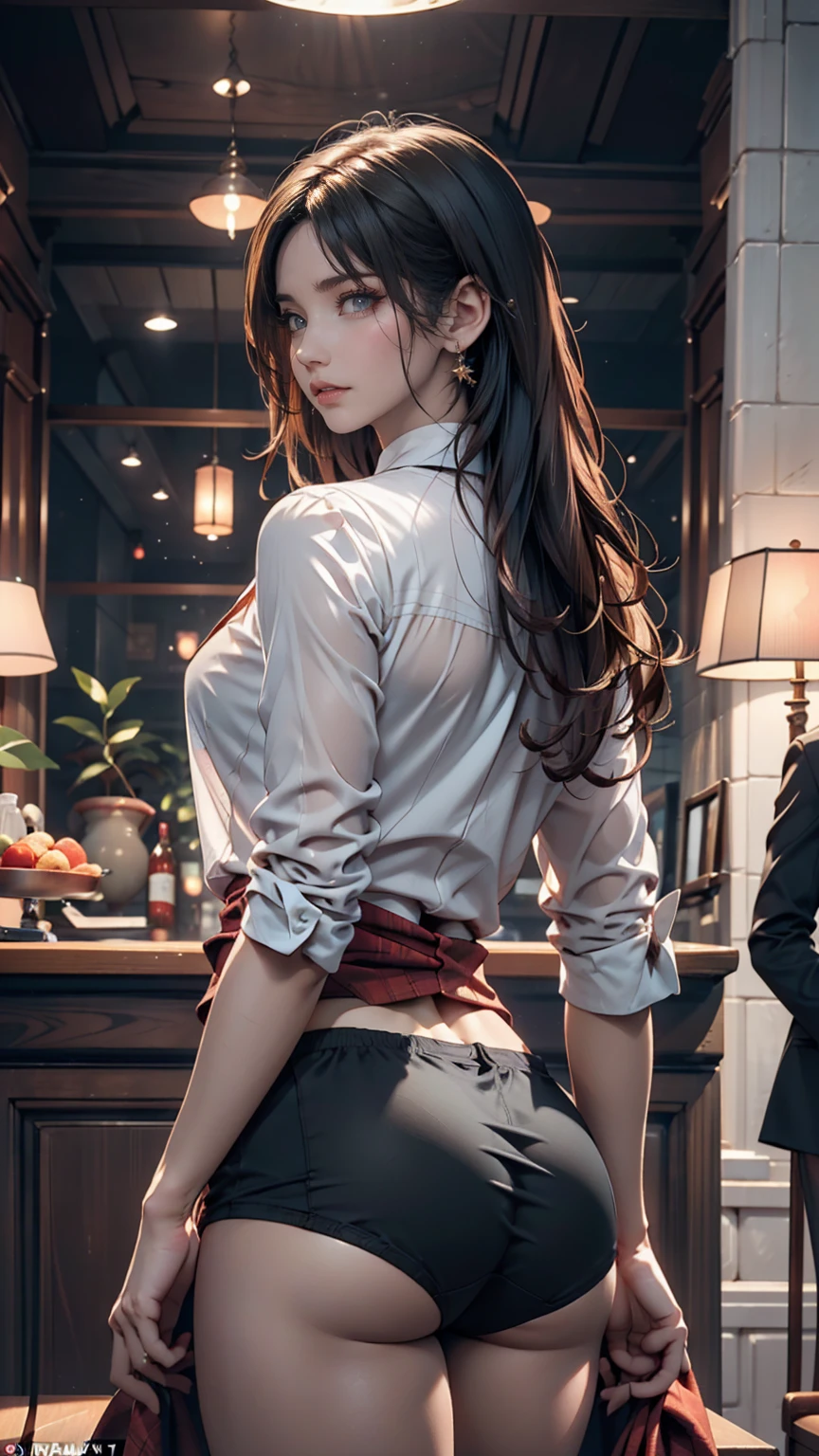 (masterpiece:1.2, Highest quality), Realistic, (live-action, Intricate details, Written boundary depth,High-neck clothes), Lips parted, Very detailed, Perfect Face, Perfect body, Large Model,
Mature Woman, expensive, Long legs,
Natural bokeh background,Costume with wide open chest,露出度のexpensive衣装,The lower body is only underwear,Only upper body clothing,Random Hairstyles,Rear view,See-through ass