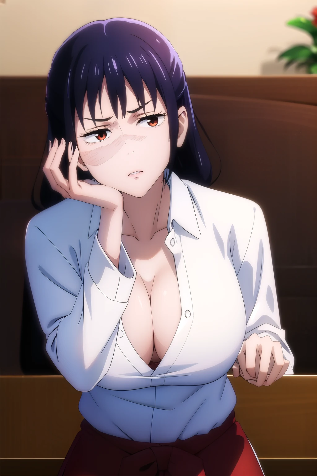 absurdres, highres, ultra detailed, utahime  , ânfora face , solo ,scar on the cheek ,  huge  breasts , big 
cleavage , sacerdotisa miko , white  shirt , red pants , looking at viewer . Voluptuous , standing 