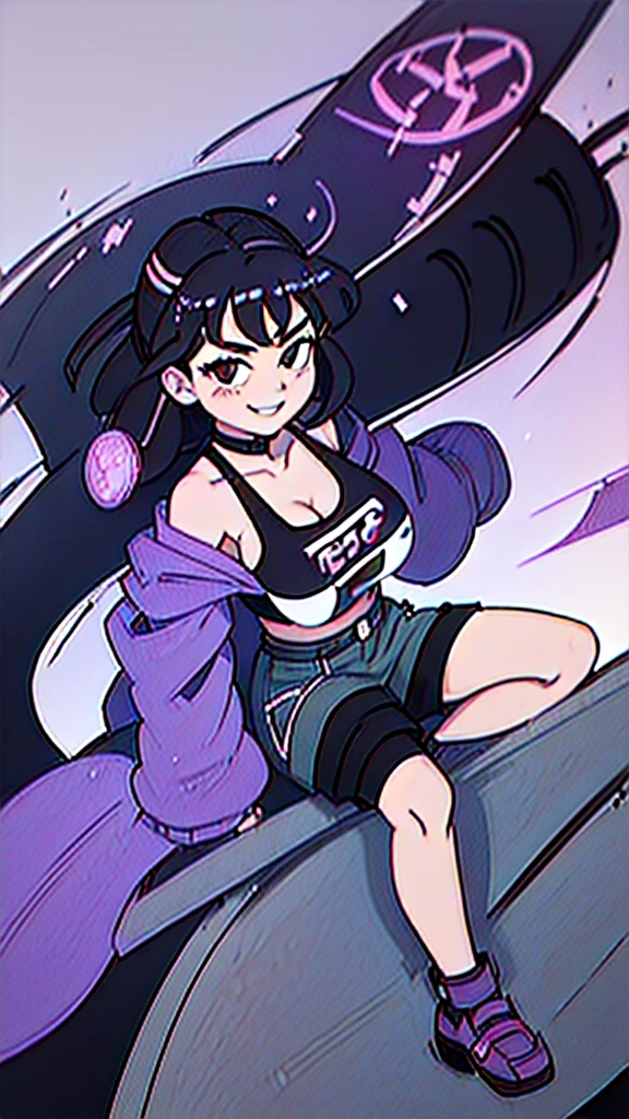 1990s, (masterpiece), high-definition, front view, detailed face, cute girl, perfect body, (big tits: 1.4) big hips, round ass, (black hair with dark purple highlights: 1.4), casual clothes, (happy face: 1.4), city street background, (driving a Toyota sprinter trueno ae86: 1.5)