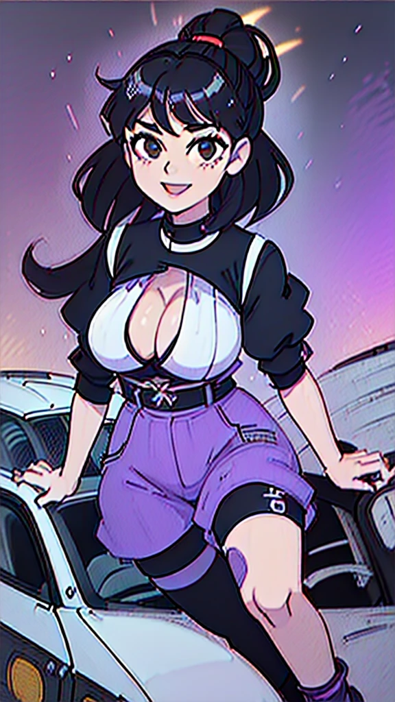 1990s, (masterpiece), high-definition, front view, detailed face, cute girl, perfect body, (big tits: 1.4) big hips, round ass, (black hair with dark purple highlights: 1.4), casual clothes, (happy face: 1.4), city street background, (driving a Toyota sprinter trueno ae86: 1.5)