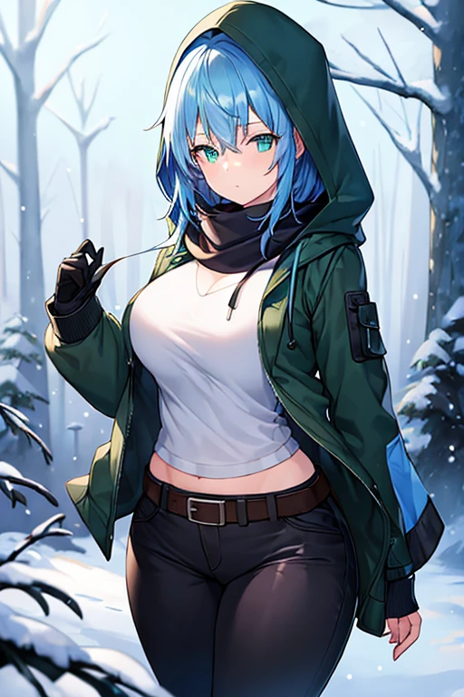 1girl, blue hair, medium hair, large , breasts eyes, scarf, covered mouth, jacket, forest, snow, black jacket, hoddie, hooded jacket, hood on, hood up, zipper, gloves, glowing hair, glowing eyes, light blue hair, sky blue hair, night sky, skytars, pants, tall, hourglass figure, mature female, thighs, pants, black pants, belt