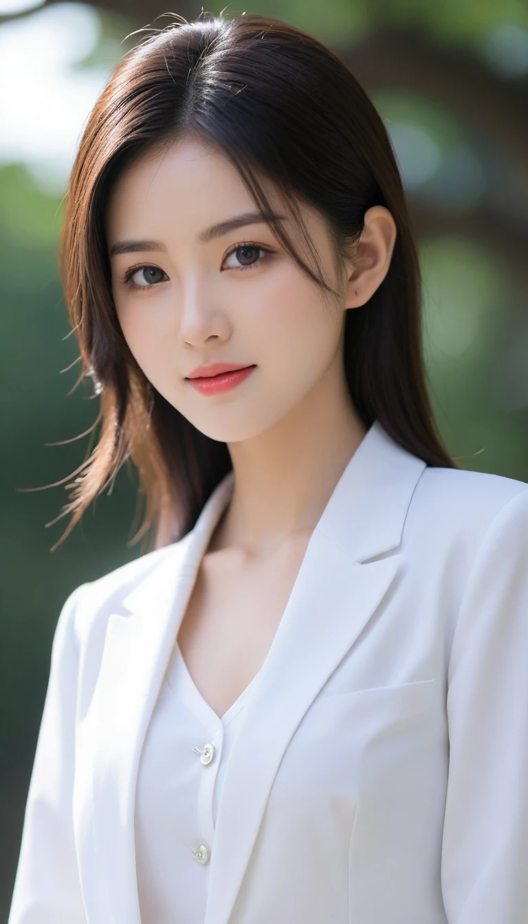 8k, Ultra-high resolution, Highest quality, masterpiece, 三分割法によるphotograph,Surreal, photograph, 1 girl, (16 years old:1.3), pretty girl, Cute Face, Beautiful eyes in every detail, 細かくdetailedに,masterpiece,One Girl:1.2, Japan Female Announcer,Tabletop,Glare,Black Hair,Slicked back hair,Blazer Uniform,White collared blouse,The chest buttons are open,Sharp focus、Perfect dynamic composition、Beautiful and detailed、Thin Hair、Realistic skin texture with attention to detail、smile、Close-up portrait、Model body type,Looking at the audience、beauty,Long neck、(((Ideal body type))),A-cup small breasts :2,、Portraiture:2、Perfect Anatomy、なdetailed、detailed、Surreal、Light and shadow,Strong light