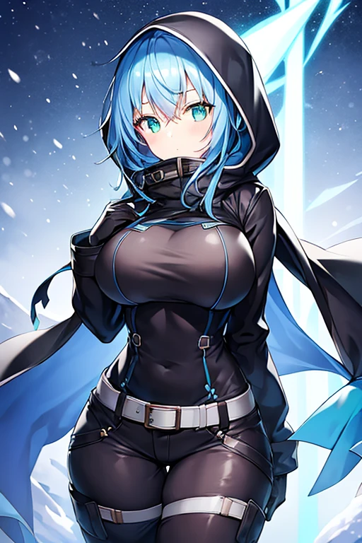 1girl, blue hair, medium hair, huge breasts, breasts, green eyes, scarf, covered mouth, jacket, forest, snow, black jacket, hoddie, hooded jacket, hood on, hood up, zipper, gloves, glowing hair, glowing eyes, light blue hair, sky blue hair, night sky, sky, stars, pants, tall, hourglass figure, mature female, thick thighs, pants, belt, long pants, bikini top