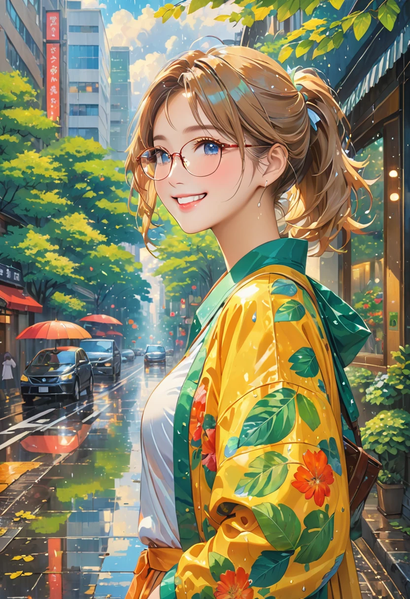 Highest quality、High resolution、Detailed Background、Artistic、mysterious、Beautiful face in every detail、Highly detailed face、age beauty、Huge breasts、Perfect body line、Glasses、Light color hair、Bobcut、ponytail、Wavy Hairstyle、well-groomed eyebrows、A big smile、smile、Cityscape after the rain、
On the asphalt after the rain、Fresh green leaves are reflected、高層ビルの谷間にwood々The leaves sway as if taking a deep breath.、The rhythm of the raindrops changes into the chirping of birds, and the whole town becomes lively.、It's like a green oasis has appeared in the city's concrete jungle.、
The young leaves shine against the backdrop of the buildings, adding color to the urban landscape.、The air after the rain is cool and comfortable、The steam rising from the asphalt mixes with the refreshing scent of new green leaves.、Reflected in the windows of a skyscraper、雨上がりの空と緑のwood々It's vivid to the eye、
The hustle and bustle of the city is enveloped in the chirping of birds and the murmuring of streams.、It sounds somehow nostalgic、
wood々The sound of raindrops running down the leaves and the sound of feet walking on the wet road create a pleasant rhythm.、
The cityscape shines as if it has been reborn.、
My heart, which had been feeling suffocated, felt a great sense of relief when I saw this scenery.、
You can feel the power of nature even in the hustle and bustle of the city.、cute