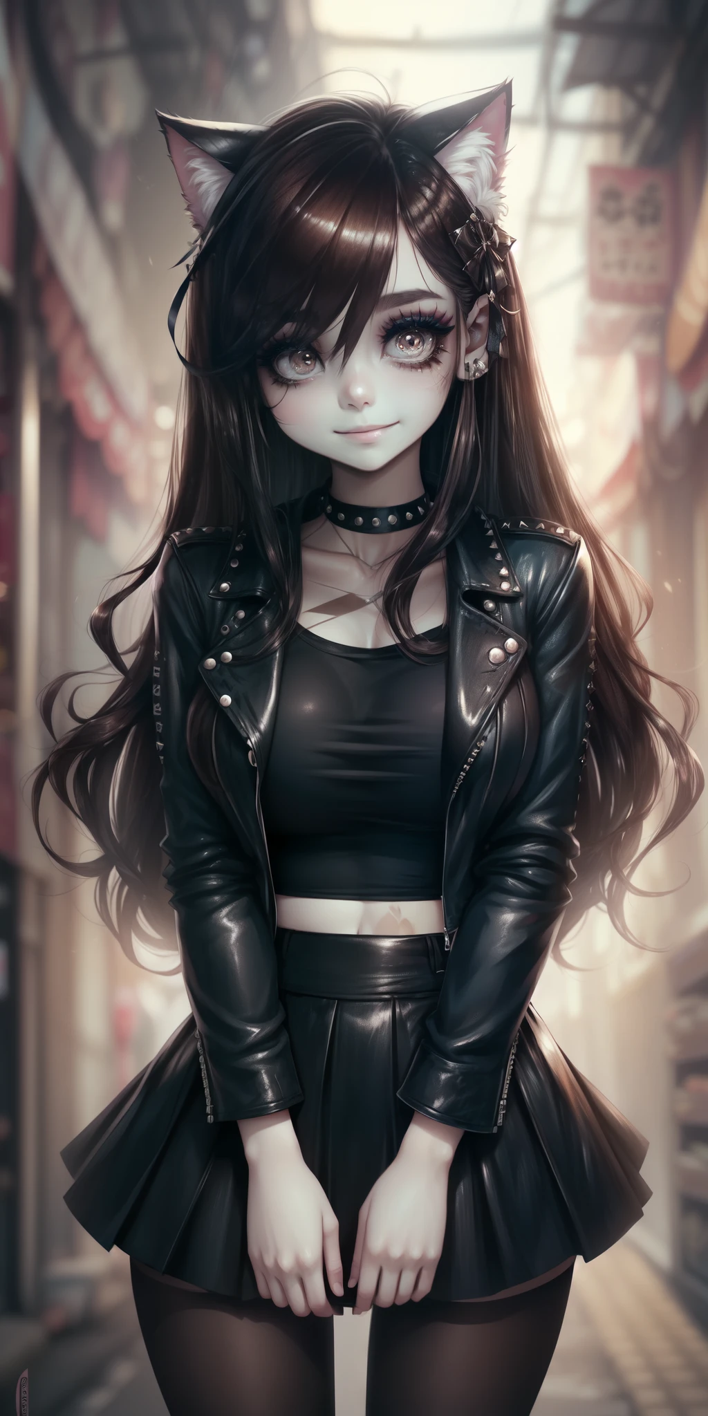 very young slim fit girl, at full height, (rounded face:1.2), very long disheveled dark brown hair, (big brown eyes:1.2), shy smile, perfect flat breast, band on head with fake cat ears, parororo, eyelashes, ariawm, accurate snub nose, (very long strand of hair between eyes:1.3), wearing a studded leather jacket and tulle skirt, with dramatic makeup