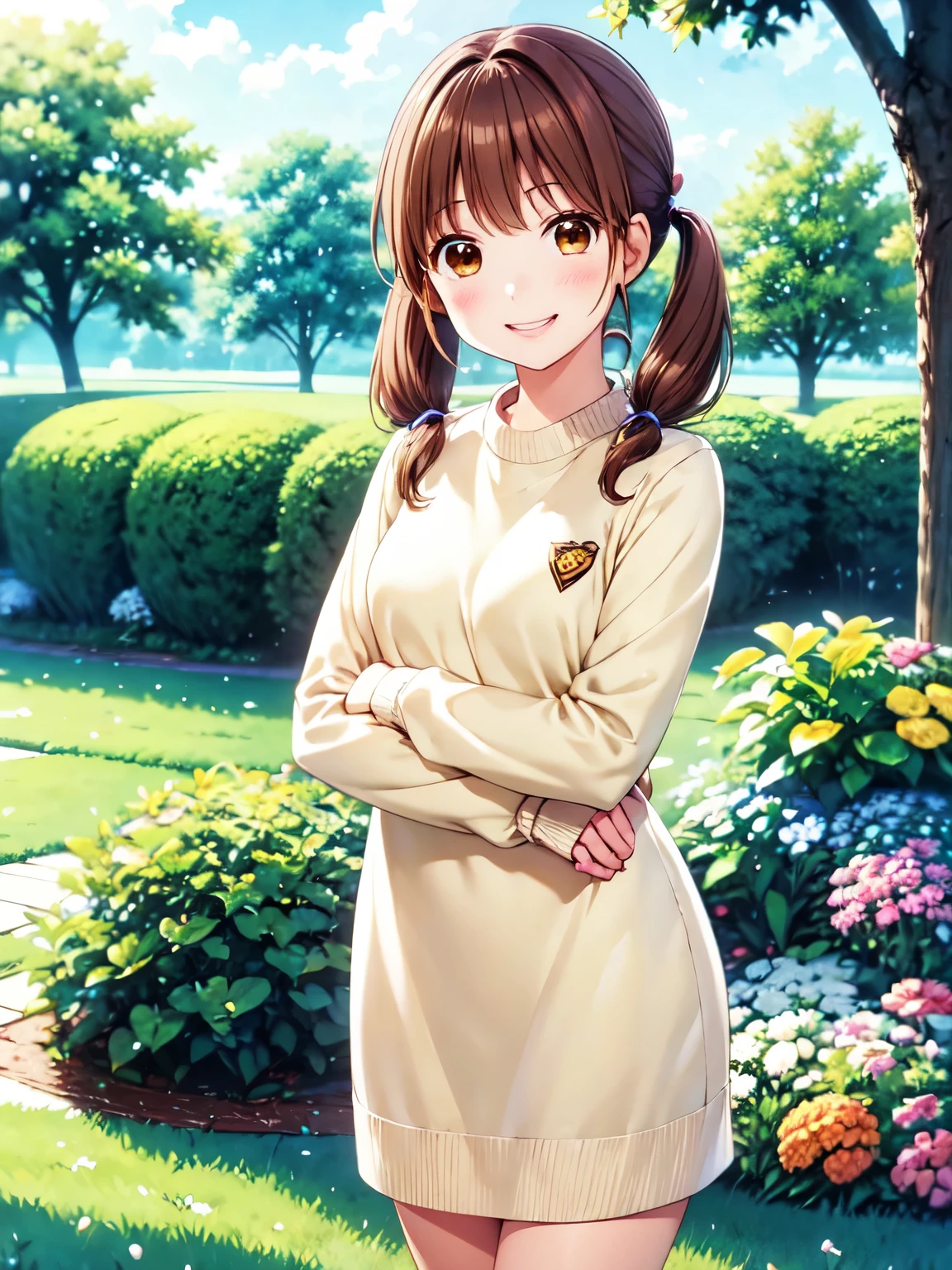 Tabletop, Highest quality, And soul、And soulイラスト風, Laughter、Cream colored sweater、garden、Mouth closed、uniform、One Girl, alone, Absolute reference to the center、Standing on the grass、 Collected_Yamato, Brown Hair, Brown eyes, Medium Hair、Slightly low twintails