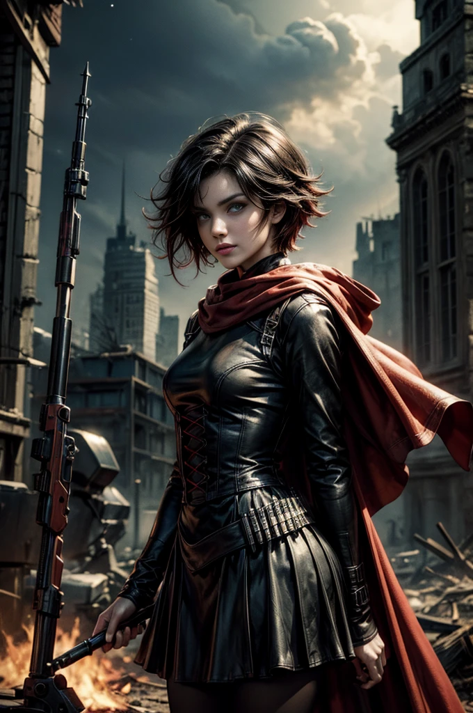 (masterpiece, best quality:1.2), cowboy shot, solo, dynamic pose, 1girl, ruby rose, grin, looking at viewer, arms behind back, black dress, long sleeves, red cape, pantyhose, standing, in deserted, church, bonfires, debris, dusty old furniture, crowd with rifles searching, (crowd in military uniforms), night, stars, closed mouth, serious look, serious expression, post-apocalypse, dystopian future