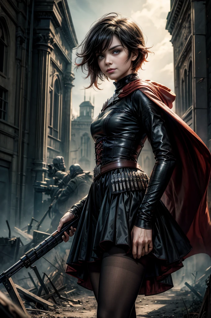 (masterpiece, best quality:1.2), cowboy shot, solo, dynamic pose, 1girl, ruby rose, grin, looking at viewer, arms behind back, black dress, long sleeves, red cape, pantyhose, standing, in deserted, church, bonfires, debris, dusty old furniture, crowd with rifles searching, (crowd in military uniforms), night, stars, closed mouth, serious look, serious expression, post-apocalypse, dystopian future