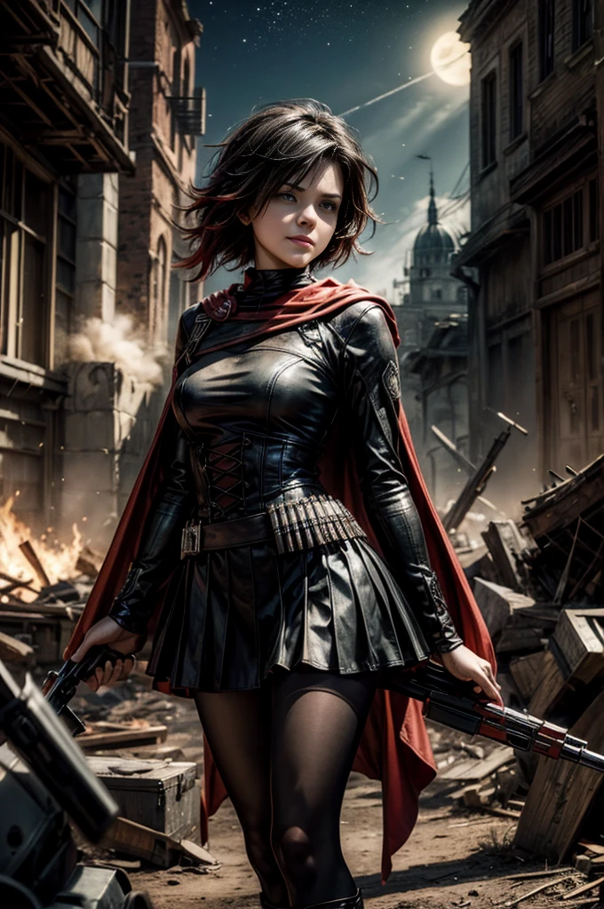 (masterpiece, best quality:1.2), cowboy shot, solo, dynamic pose, 1girl, ruby rose, grin, looking at viewer, arms behind back, black dress, long sleeves, red cape, pantyhose, standing, in deserted, church, bonfires, debris, dusty old furniture, crowd with rifles searching, (crowd in military uniforms), night, stars, closed mouth, serious look, serious expression, post-apocalypse, dystopian future