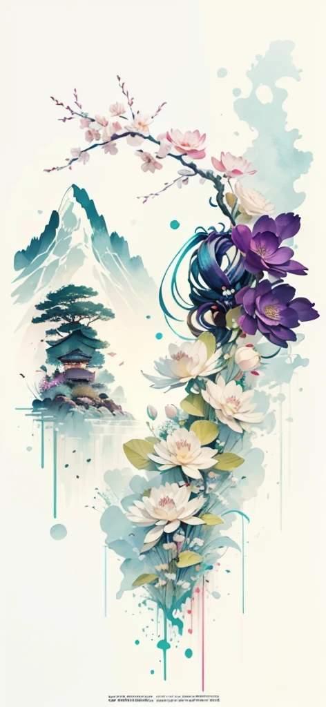 (Art by Numbers,Inks and washes:1.2),Nobody, Mountain々, wood, Rivers,Flowers,Lotus flower,Purple Flower,沢Mountainの花(Oriental elements, Chinese colors, Senior Color Matching), (3D sculpture,Rendering with Octane,Volumetric Light,Natural soft light,), (Very delicate:1.2, Losing focus:1.2, Very colorful, Cinema Lighting, Chiaroscuro,Ray Tracing), masterpiece, Super rich,Very detailed,8k, Zurrison_style_wonderful_wall