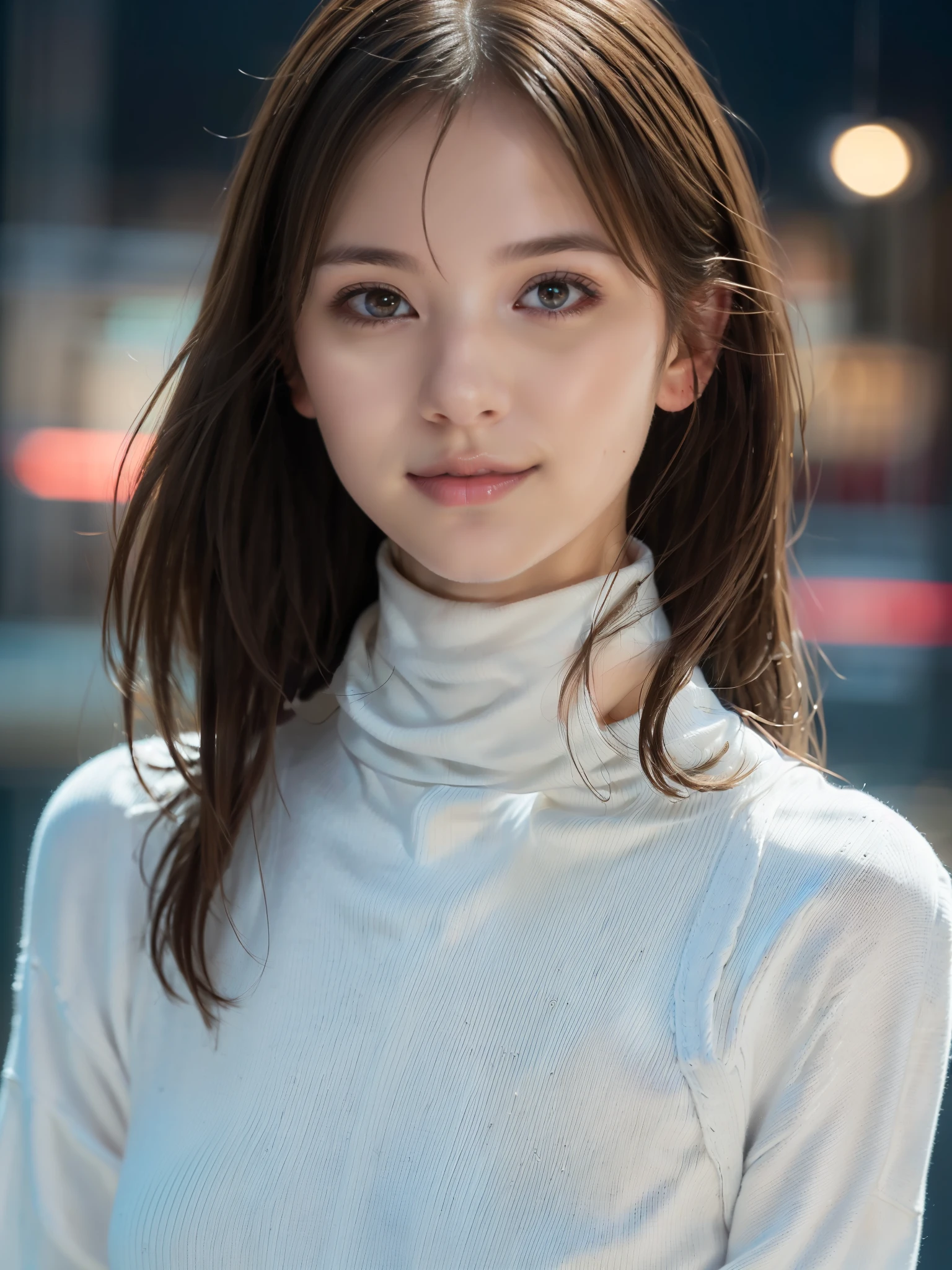 {(1 girl:18-year-old),(White turtleneck sweater:1.4)},
break,(RAW Photos, Highest quality), (Realistic, Photorealistic:1.4), Tabletop, Very delicate and beautiful, Very detailed, 8k wallpaper, ,, High resolution, Soft Light, {{Beautiful and detailed 19 year old girl, Very detailed目と顔, Beautiful and detailed nose, Beautiful and beautiful eyes}},
break,Cinema Lighting,City lights at night,Perfect Anatomy,Slender body,smile (Dirty hair, Asymmetrical bangs, Light brown hair,)