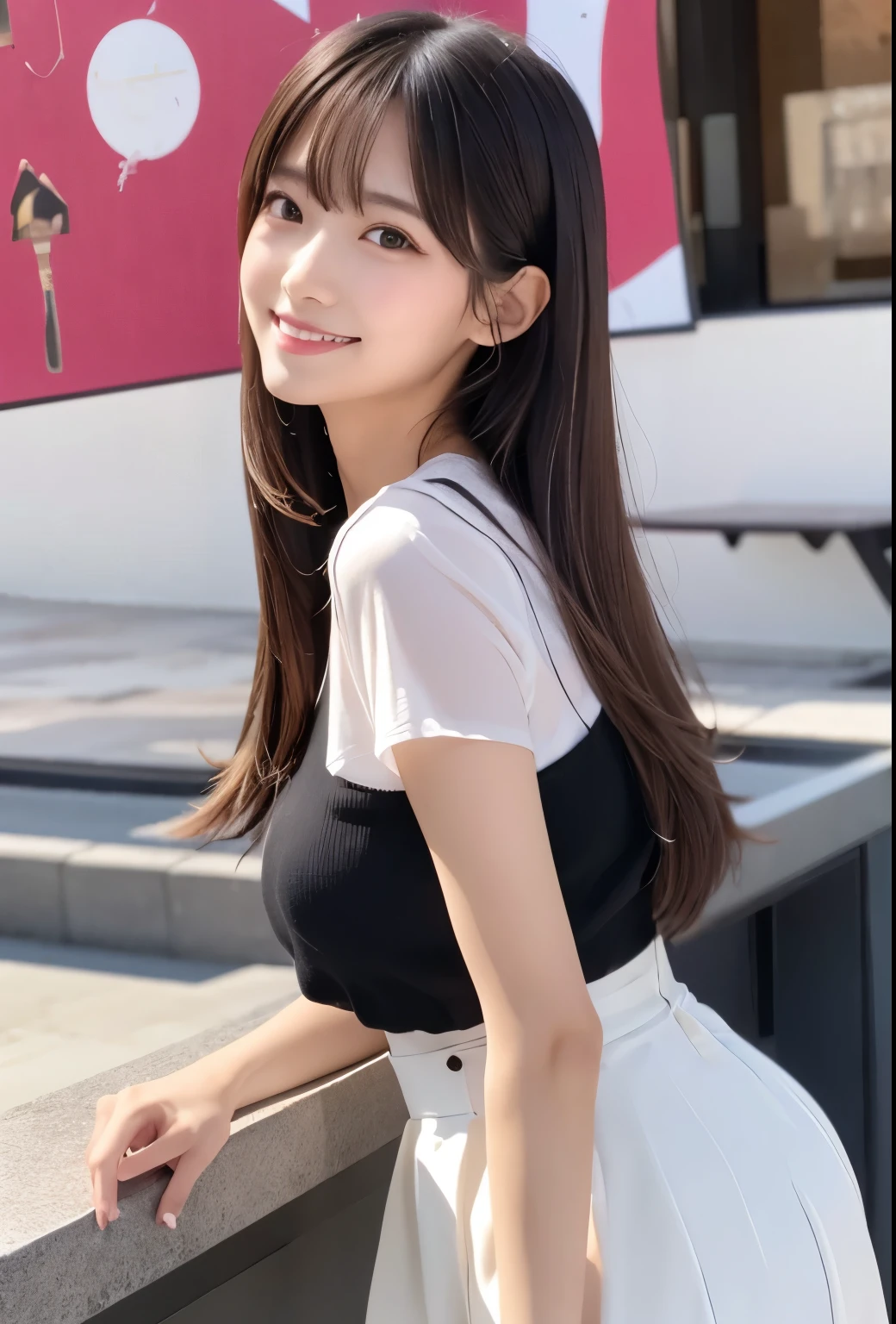 masterpiece、Highest quality、whole body、One Girl、bangs、Japanese、黒髪のLong Hair、Long Hair、Gazing at the audience、pink、smile、alone、Stylish woman、Pastel colored outfits、stop temporarily、front、terrace、Luxury background elements、look back、Confident expression、Modern and trendy、Fashion focused