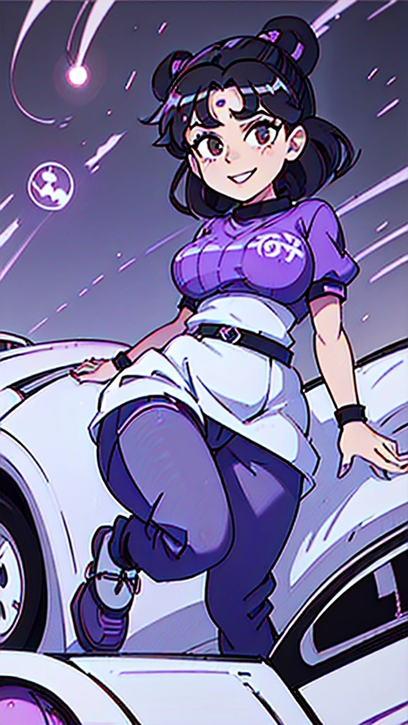 1990s, (masterpiece), high-definition, front view, detailed face, cute girl, perfect body, (big tits: 1.4) big hips, round ass, (black hair with dark purple highlights: 1.4), black and white tracksuit, (happy face: 1.4), city street background, (driving a Toyota sprinter trueno: 1.5)