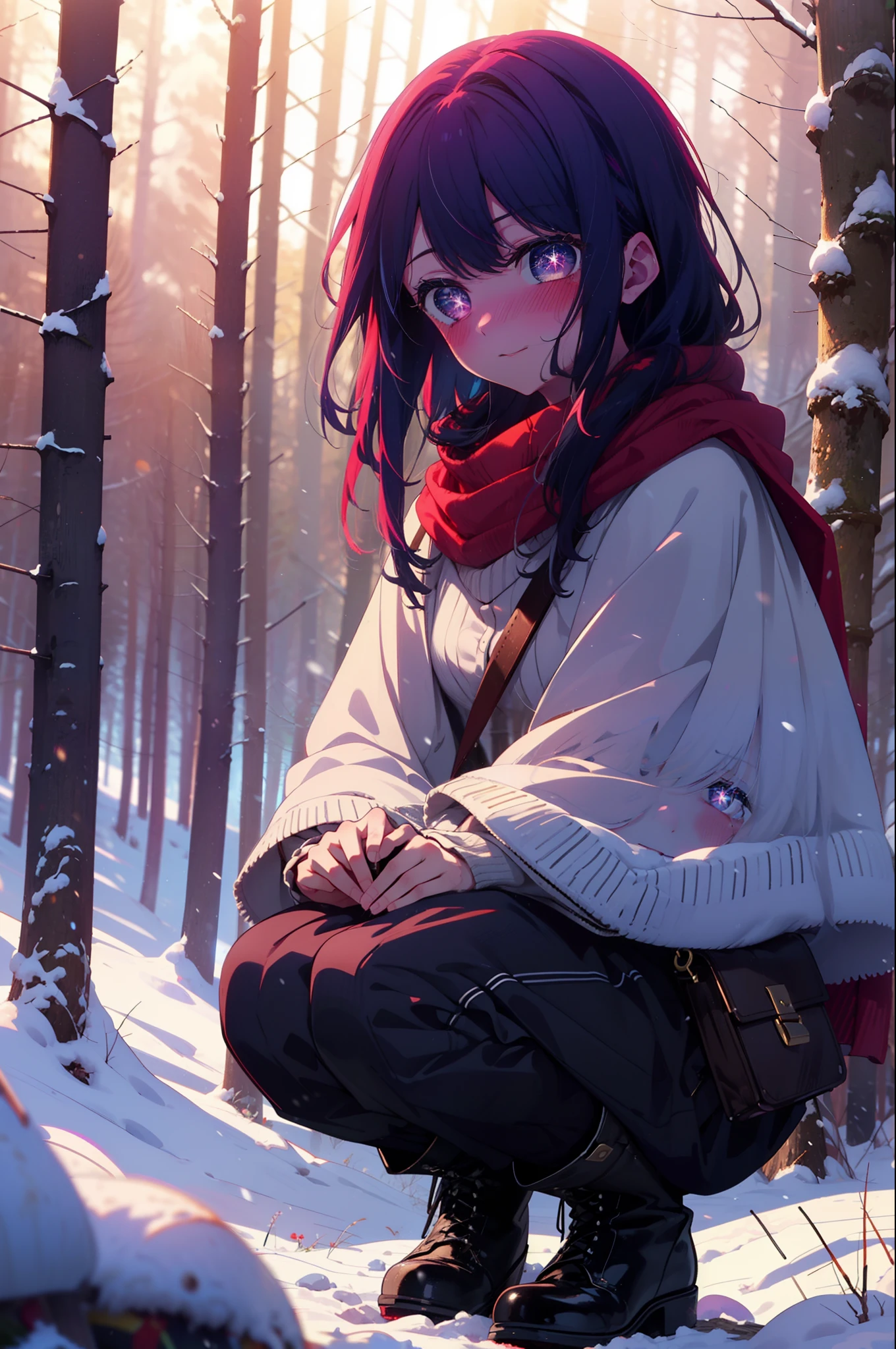 aihoshino, Ai Hoshino, Long Hair, bangs, (Purple eyes:1.1), Purple Hair, (Symbol-shaped pupil:1.5), smile,,smile,blush,white breath,
Open your mouth,snow,Ground bonfire, Outdoor, boots, snowing, From the side, wood, suitcase, Cape, Blurred, , forest, White handbag, nature,  Squat, Mouth closed, Cape, winter, Written boundary depth, Black shoes, red Cape break looking at viewer, Upper Body, whole body, break Outdoor, forest, nature, break (masterpiece:1.2), Highest quality, High resolution, unity 8k wallpaper, (shape:0.8), (Beautiful and beautiful eyes:1.6), Highly detailed face, Perfect lighting, Highly detailed CG, (Perfect hands, Perfect Anatomy),