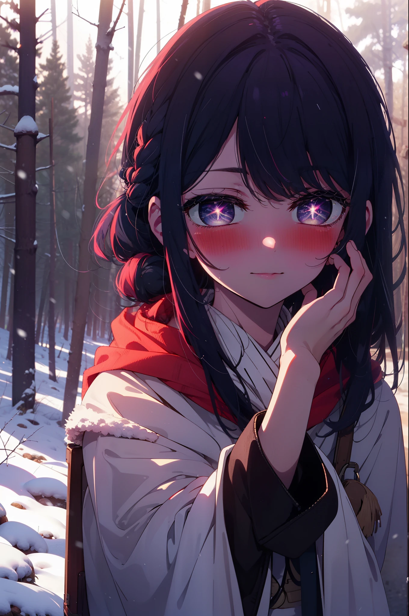 aihoshino, Ai Hoshino, Long Hair, bangs, (Purple eyes:1.1), Purple Hair, (Symbol-shaped pupil:1.5), smile,,smile,blush,white breath,
Open your mouth,snow,Ground bonfire, Outdoor, boots, snowing, From the side, wood, suitcase, Cape, Blurred, , forest, White handbag, nature, Squat, Mouth closed, Cape, winter, Written boundary depth, Black shoes, red Cape break looking at viewer, Upper Body, whole body, break Outdoor, forest, nature, break (masterpiece:1.2), Highest quality, High resolution, unity 8k wallpaper, (shape:0.8), (Beautiful and beautiful eyes:1.6), Highly detailed face, Perfect lighting, Highly detailed CG, (Perfect hands, Perfect Anatomy),