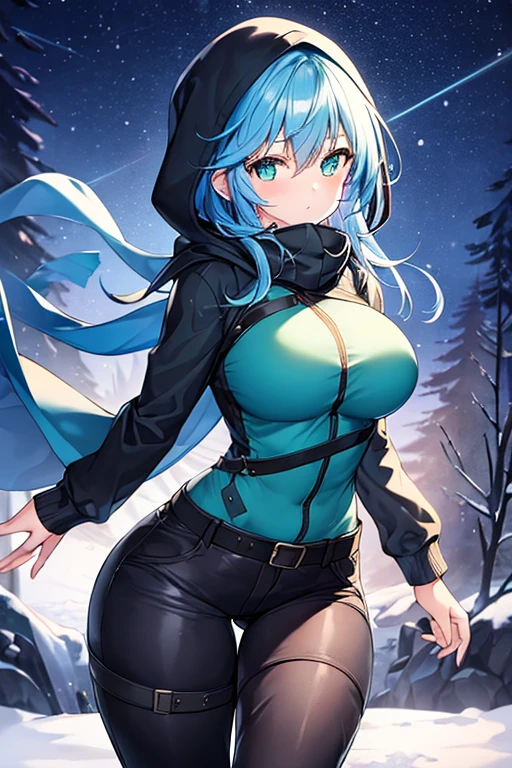 1girl, blue hair, medium hair, large breasts, breasts, green eyes, scarf, covered mouth, jacket, forest, snow, black jacket, hoddie, hooded jacket, hood on, hood up, zipper, gloves, glowing hair, glowing eyes, light blue hair, sky blue hair, night sky, sky, stars, pants, tall, hourglass figure, mature female, thick thighs, pants, belt, long pants