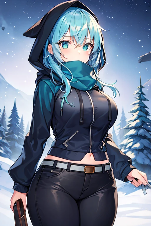 1girl, blue hair, medium hair, large breasts, breasts, green eyes, scarf, covered mouth, jacket, forest, snow, black jacket, hoddie, hooded jacket, hood on, hood up, zipper, gloves, glowing hair, glowing eyes, light blue hair, sky blue hair, night sky, sky, stars, pants, tall, hourglass figure, mature female, thick thighs