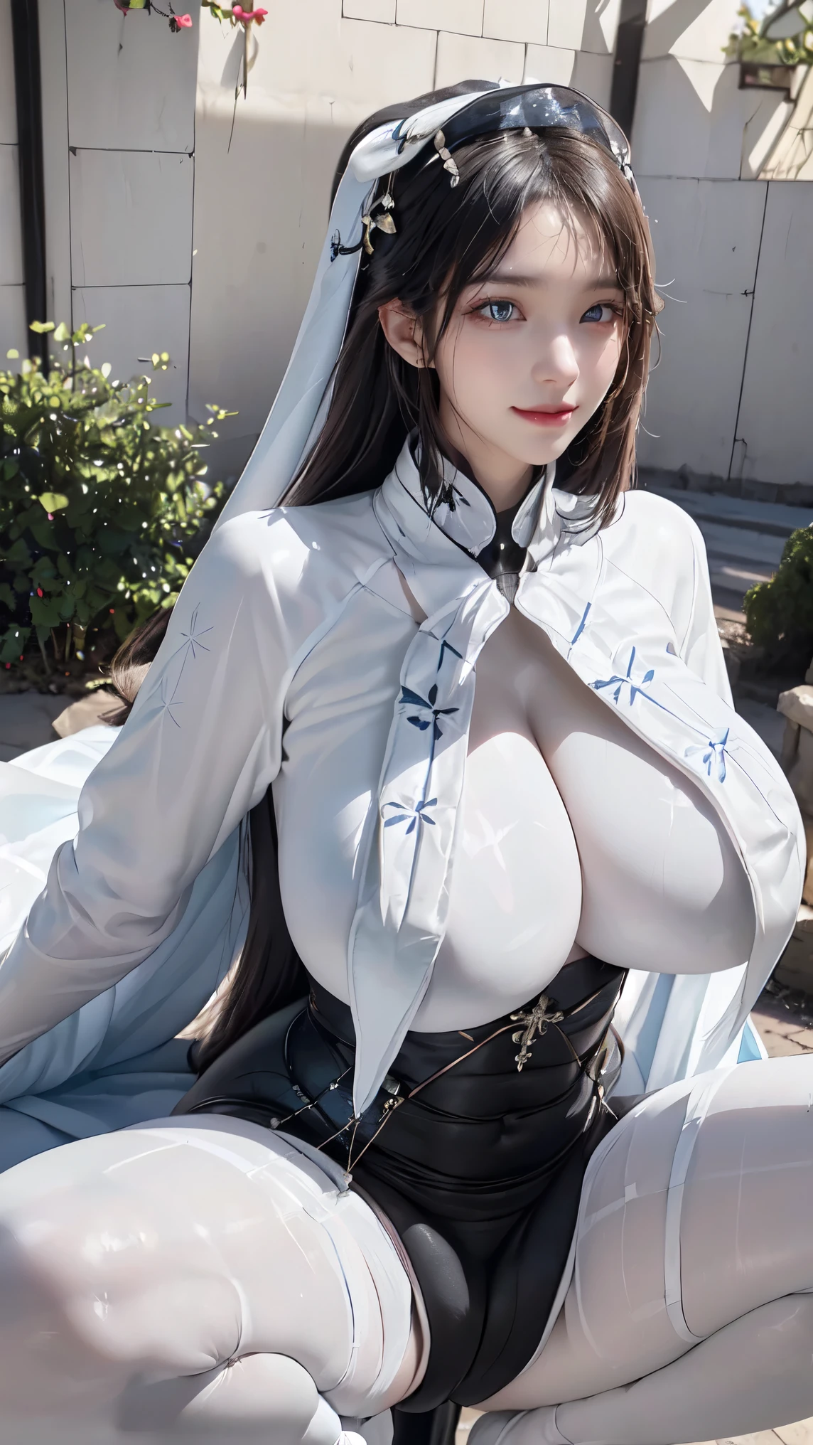 woman((20 years old)), hair((serrated, bionde)), eyes((Smart eyes, blue eyes)), ((High neck robestern, Color rice)), decorations ((hair ornaments)), ponytail, big , rift size big, Korean makeup, smile, theme park, fountain,,(big nipples),slightly sctive expression, big chest,Show your breasts,The cracks ar....,((big nipples)),(pubic bone), rifble chest,seductive pose,I see bulging nipples.,(((areolae ขนาดbig:1.4,pinipples are y visible.......))), (((lyingith squat))), ((((wearing full body white inner pantyhose and stockings, perfect anatomy, perfect shapump pussy))))