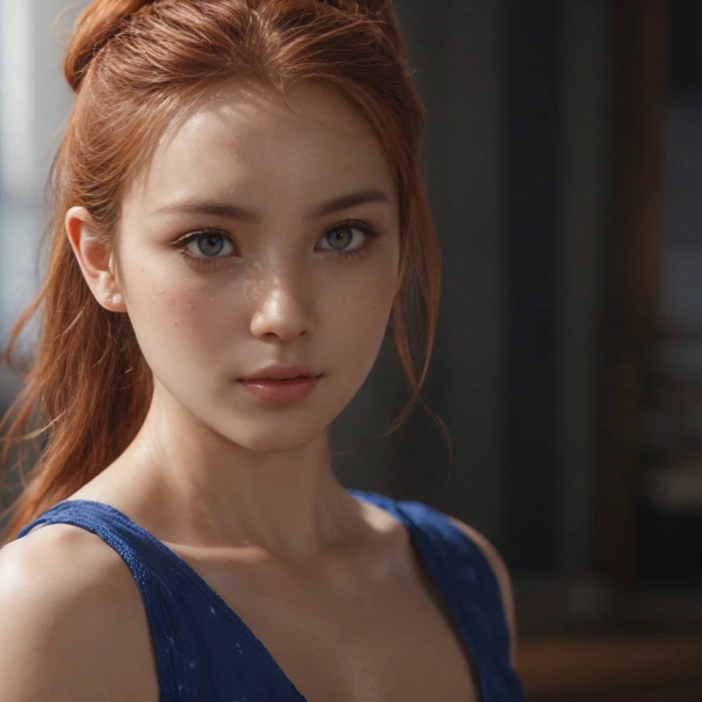 kasumi, eyes browns, (best quality, ultra details), (realisitic:1.37), beautiful and detailed face, ultra-realisitic texture, 精致的面容, Delicate body, red lipgloss stick, shiny colors. High definition, 8k. very serious expression and penetrating gaze