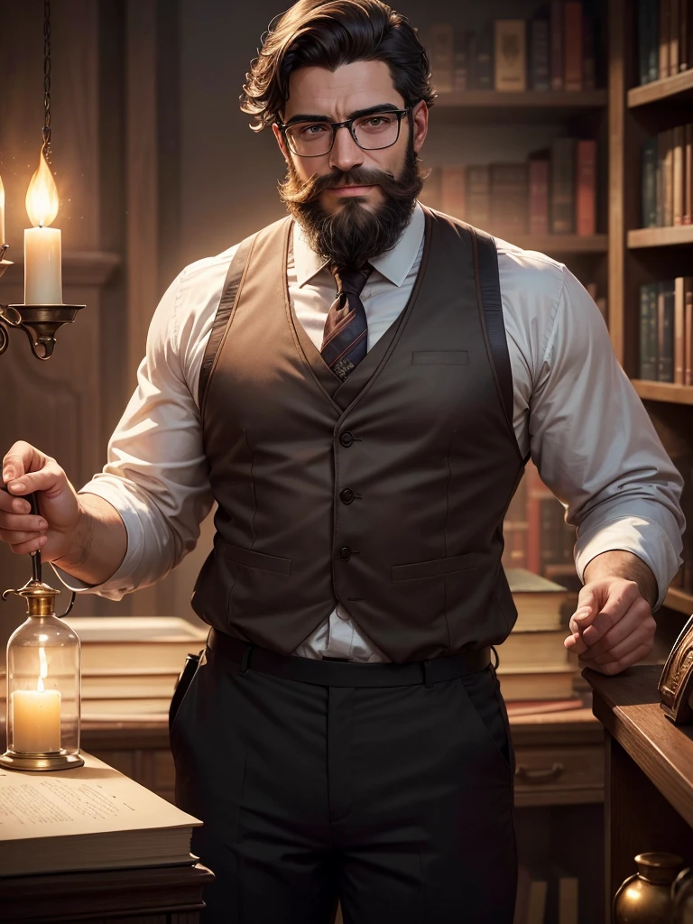((High quality)), ((work of art)), 8K, a charismatic librarian man with circular glasses and suspenders, sporting a well-groomed beard (barba), dark hair, and a warm smile, is the main focus of the image. In the background, an intriguing library alchemy scene is subtly hinted at, adding depth and mystery to the piece. The hyperrealistic style is enhanced, making every detail incredibly sharp and defined. The perfectionism and award-winning realism are evident in the ambient lighting that softly illuminates the scene, providing a sense of depth and three-dimensionality.