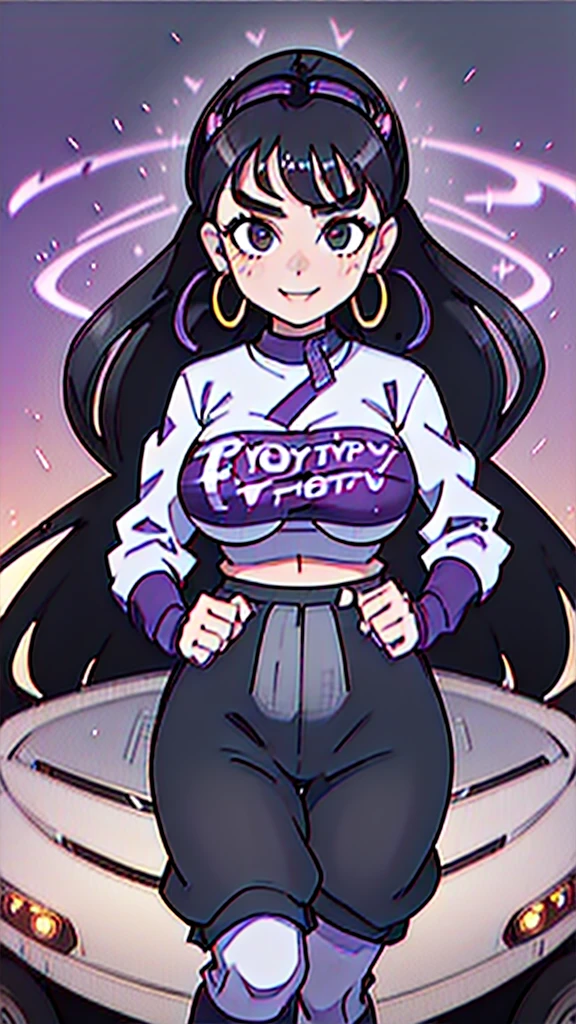 1990s, (masterpiece), high-definition, front view, detailed face, cute girl, perfect body, (big tits: 1.4) big hips, round ass, (black hair with dark purple highlights: 1.4), black and white tracksuit, (happy face: 1.4), city street background, (driving a Toyota sprinter trueno: 1.5)